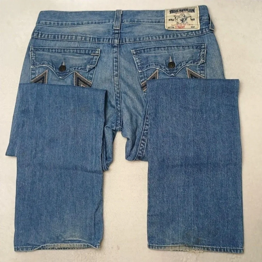 True Religion Jeans Men 38x34 Blue Straight Light Wash Billy Super T Embroidered